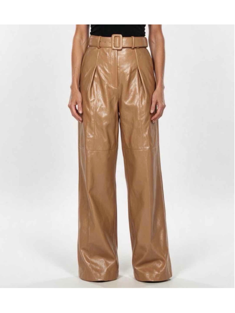 Self-Portrait Camel Faux Leather Belted Wide Leg Pleated Trousers US 8 NWT